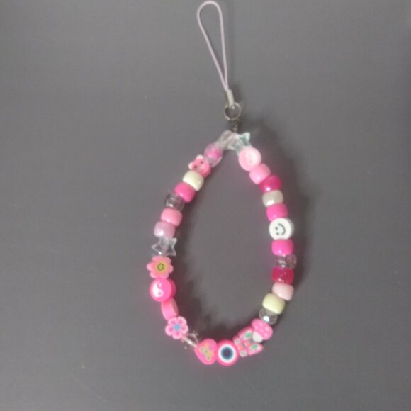 Pink Kawaii Beaded Phone Charm Strap with Flower, Smiley, and Butterfly Charms - Picture 2 of 3